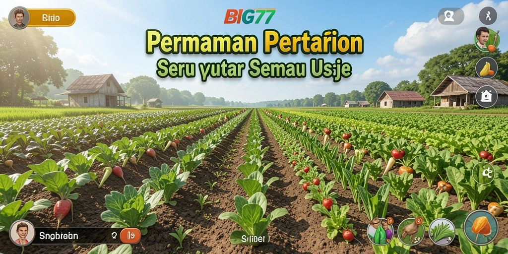 Screenshot BIG77 menampilkan suasana pertanian yang asri dan gameplay dinamis.