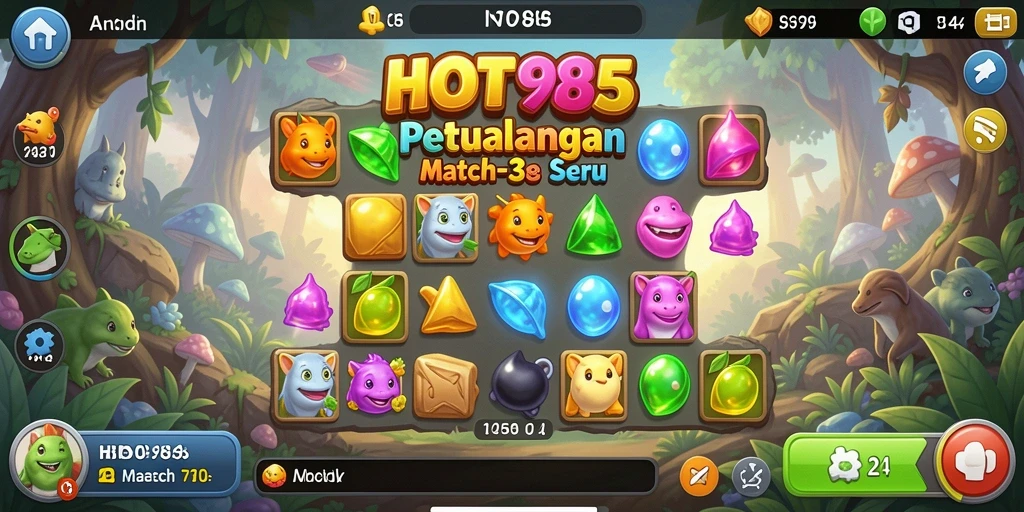 Screenshot menampilkan gameplay Match-3 HOT985 yang seru dan penuh warna.