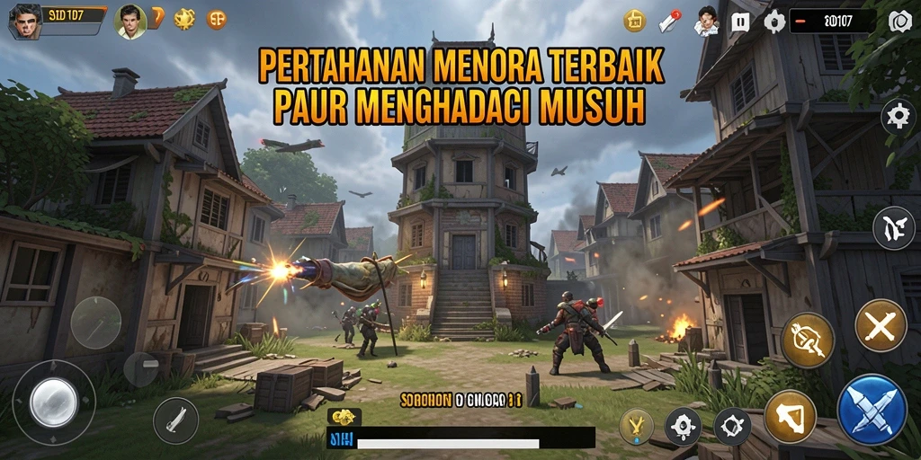 Tampilan gameplay menara dan pertempuran seru di SD107.