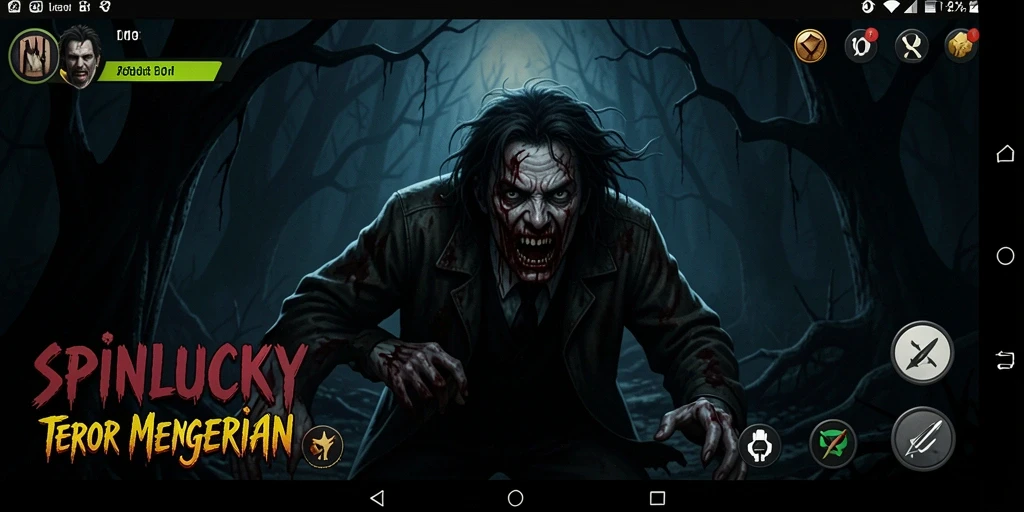 Screenshot gameplay SPINLUCKY menampilkan suasana horor yang mencekam.